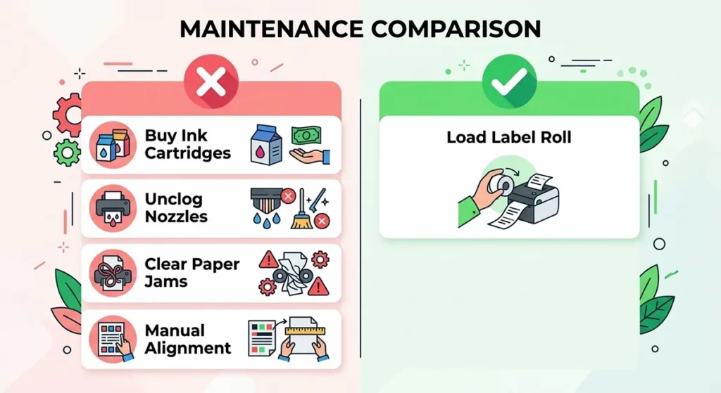Checklist showing the low maintenance of thermal printers compared to inkjet.