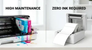 Comparison showing a messy inkjet cartridge versus a clean thermal label roll.