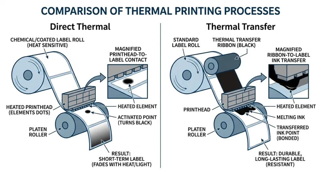 Diagram comparing Direct Thermal (no ribbon) vs Thermal Transfer (ribbon) printing mechanics.