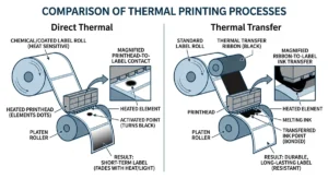 Diagram comparing Direct Thermal (no ribbon) vs Thermal Transfer (ribbon) printing mechanics.