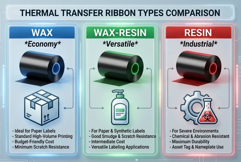 Infographic of Wax, Wax-Resin, and Resin ribbon applications.