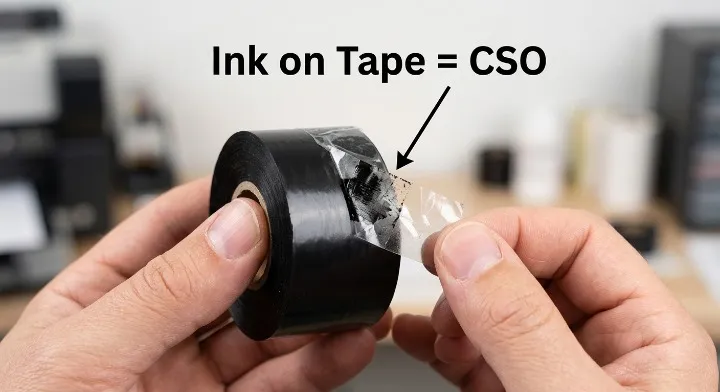 Instructional visual of the scotch tape test for thermal ribbon orientation.