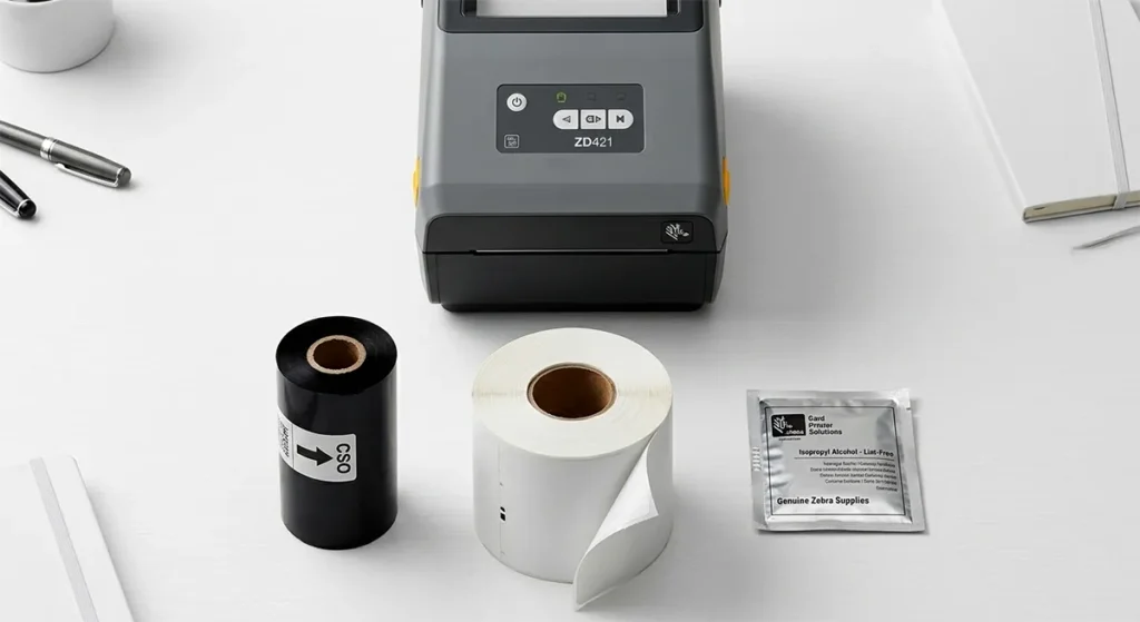 Shopping list for thermal transfer printing: labels, ribbon, and cleaning cards.