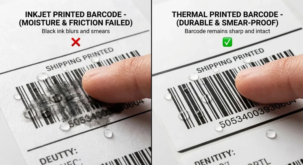 Comparison of a smeared inkjet barcode vs. a waterproof thermal barcode.