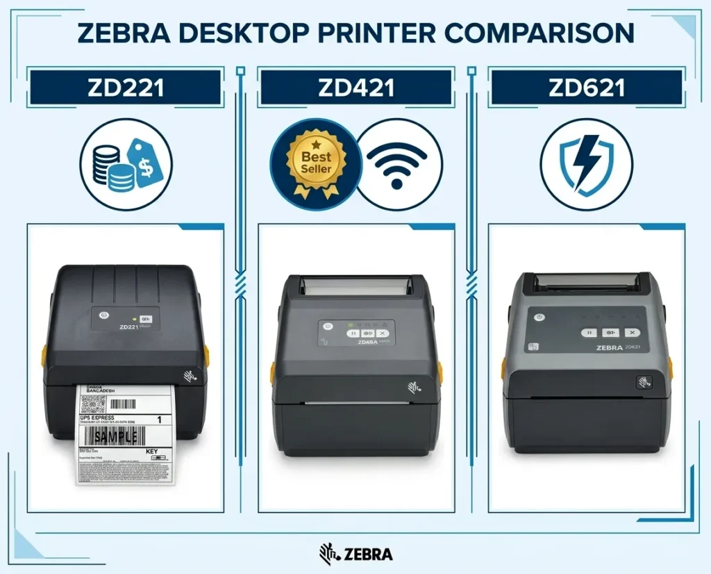 Comparison of Zebra ZD221, ZD421, and ZD621 models.