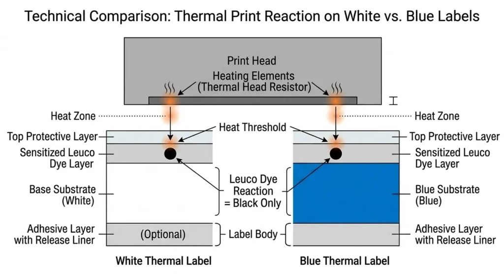A diagram showing a thermal print head applying heat to paper, triggering a reaction that results only in black, regardless of the paper's base color.