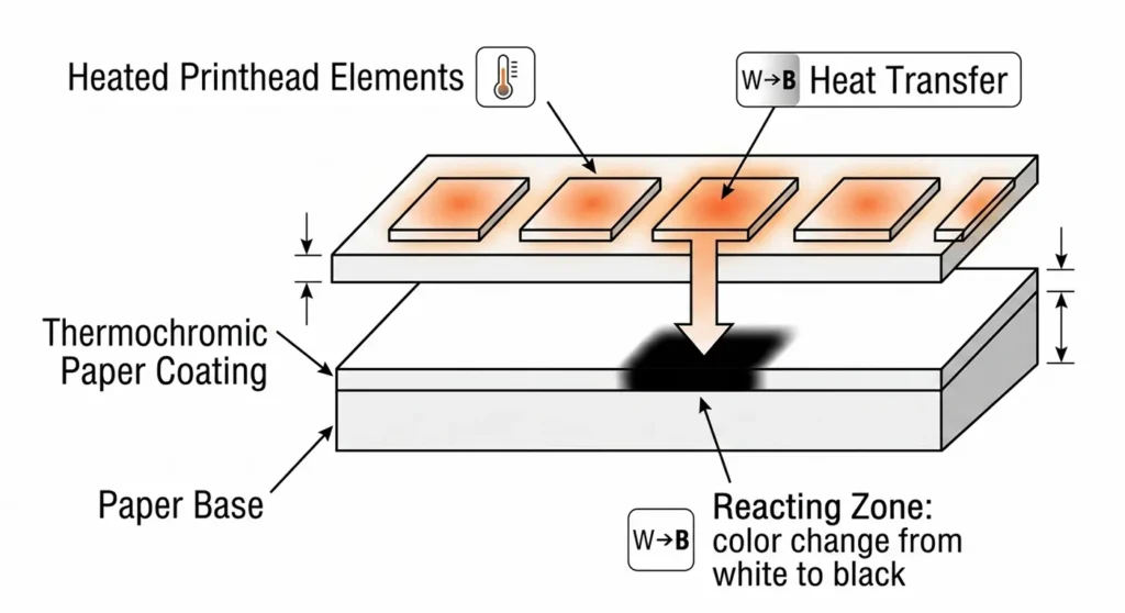 A diagram showing a thermal printhead applying heat to a direct thermal label, triggering a chemical reaction in the paper coating to turn it black.