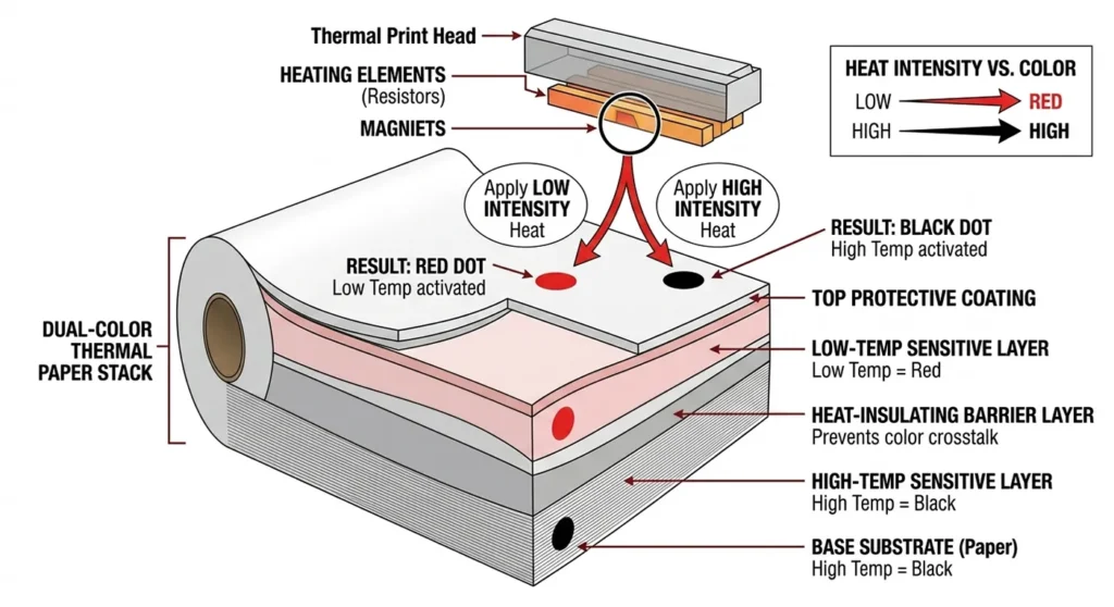 A diagram of two-layer thermal paper showing how different heat levels trigger two distinct colors (Red and Black).