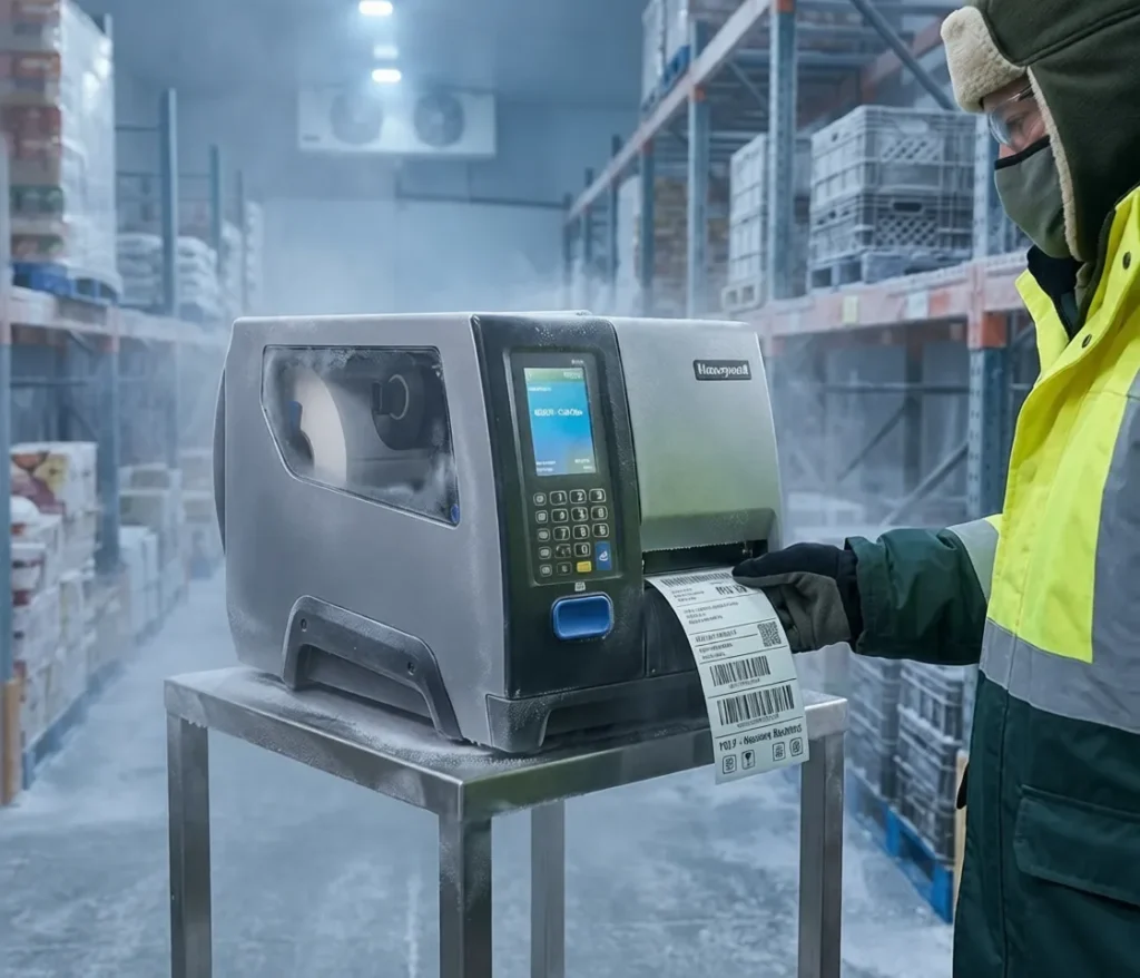 A Honeywell PM43 industrial printer operating inside a cold storage warehouse, with visible frost on the surrounding racks but a clear, functional display.
