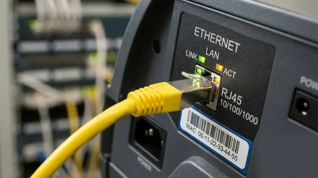 The back of an industrial label printer showing a yellow Ethernet cable plugged into the network port, indicating WMS connectivity.