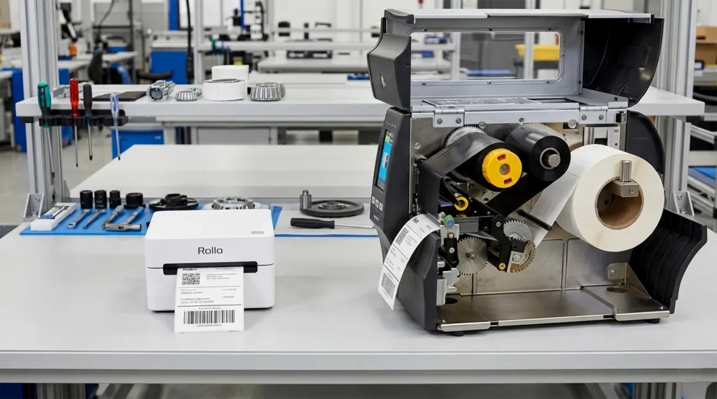 A side-by-side comparison of a small plastic desktop label printer and a large, heavy-duty metal industrial Zebra printer in a warehouse setting.