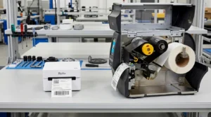 A side-by-side comparison of a small plastic desktop label printer and a large, heavy-duty metal industrial Zebra printer in a warehouse setting.