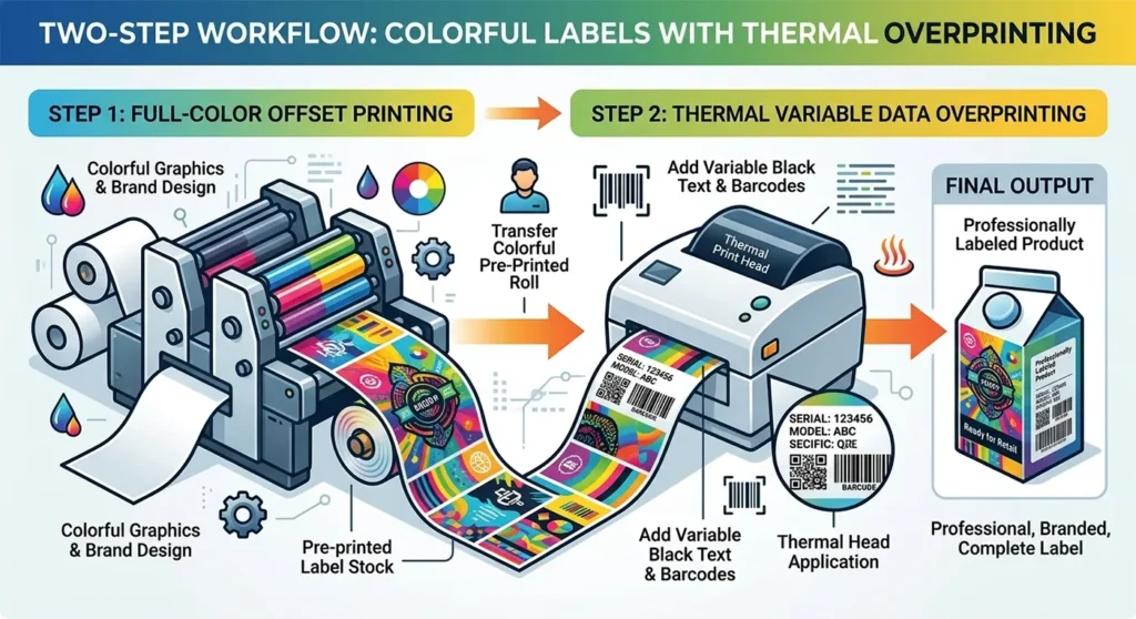 A flowchart showing Step 1: Commercial full-color print, and Step 2: Thermal overprint of black data.