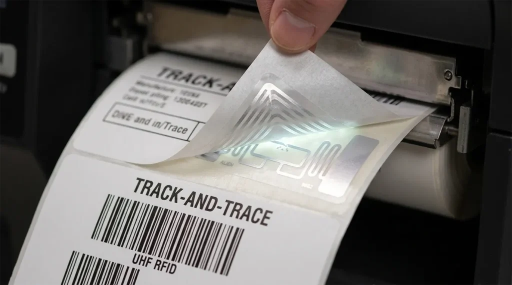 A thermal label being peeled back to reveal the silver RFID antenna inlay inside, used for retail and logistics tracking.