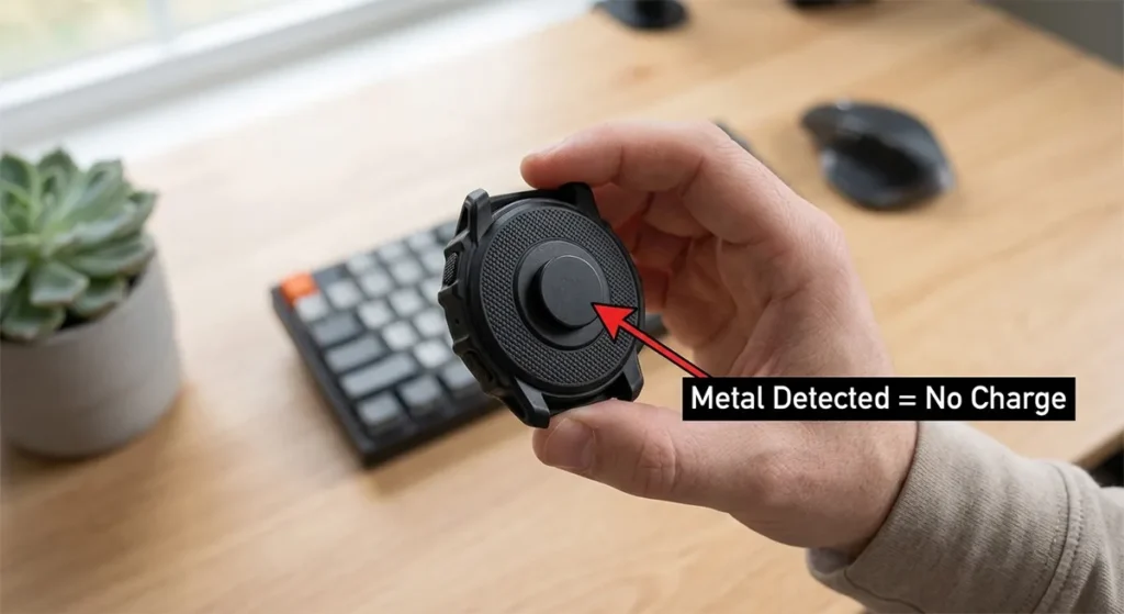 Testing a smartwatch case for metal interference using a magnet.