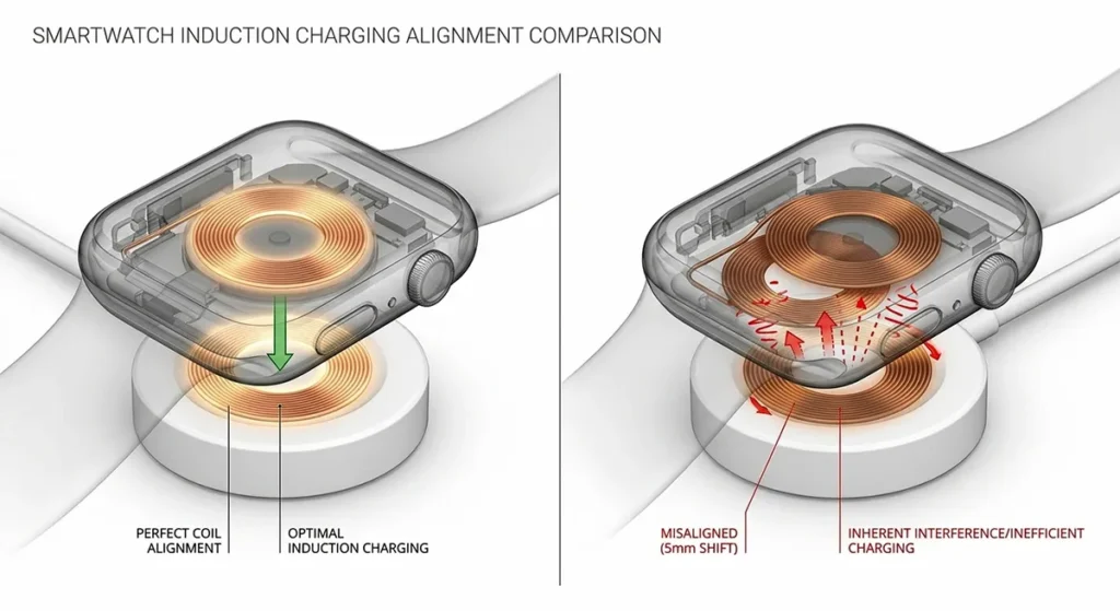 Diagram showing perfect vs. poor alignment of wireless charging coils.