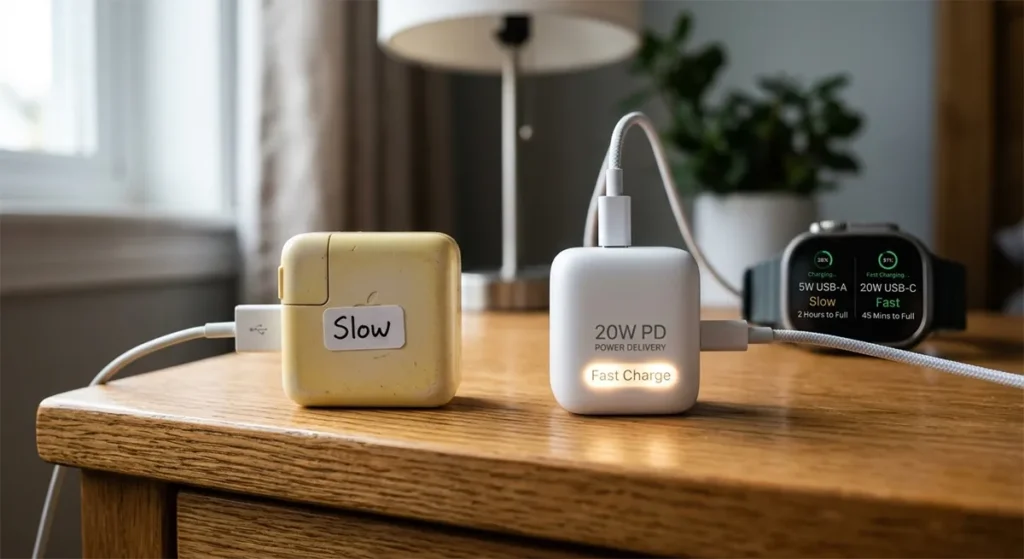 Comparison of 5W vs 20W power adapters for smartwatch fast charging.