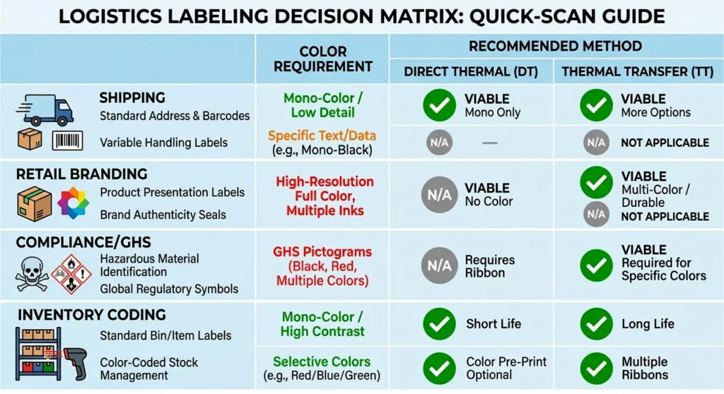 A matrix matching "Color Need" to "Recommended Method."