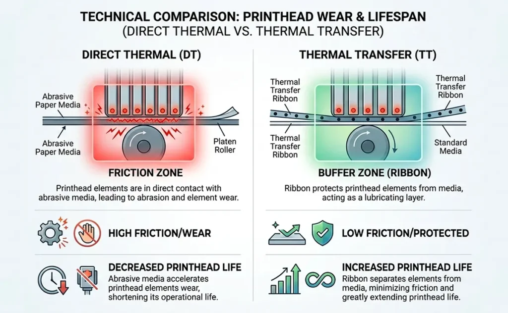 A side-by-side comparison showing Direct Thermal (direct friction) vs. Thermal Transfer (buffered by ribbon).
