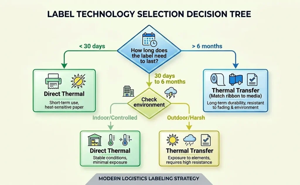 A flowchart starting with "How long does the label need to last?" leading to the correct printing method.