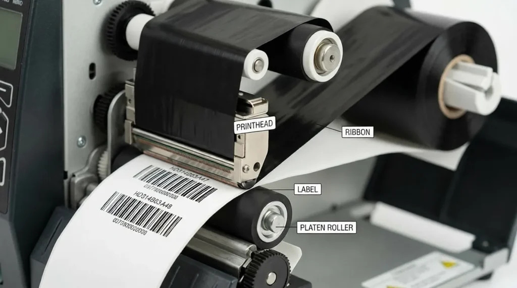 A close-up of a thermal transfer printer's internal mechanism, showing the black ink ribbon meeting the white label under the printhead.