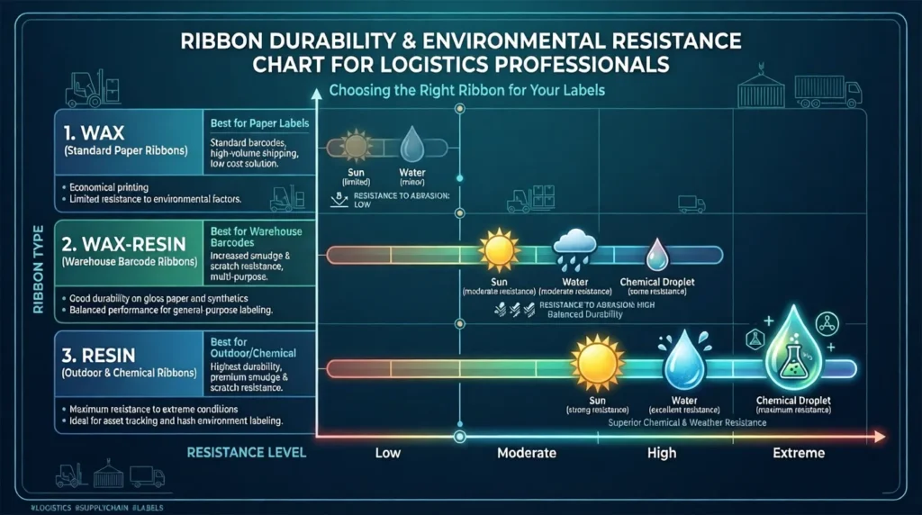 A chart showing Wax, Wax-Resin, and Resin ribbons matched to their best substrates (Paper, Polypropylene, Polyester) and environmental resistance.