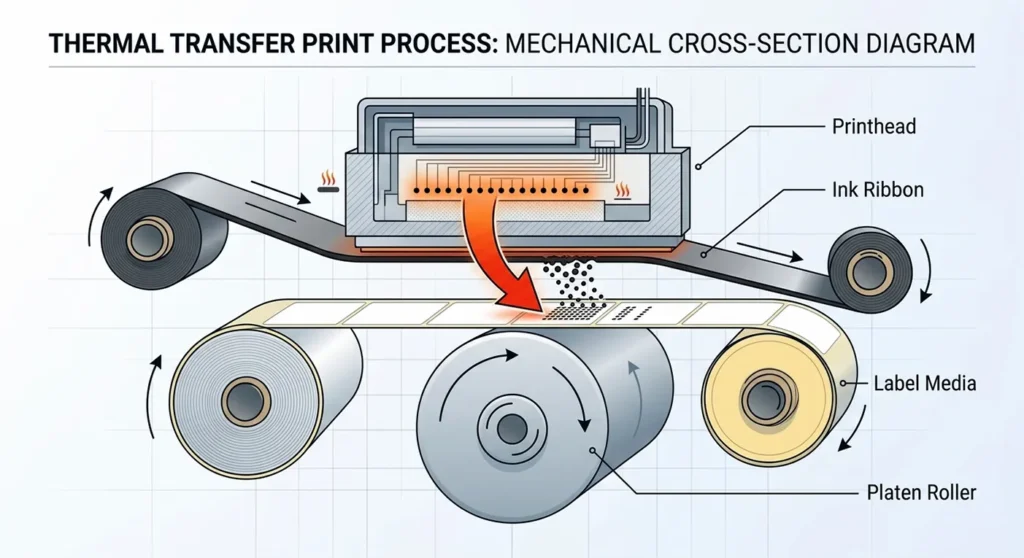 An exploded view of a thermal transfer printer's path: Printhead -> Ink Ribbon -> Label Media.