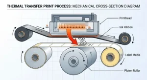 An exploded view of a thermal transfer printer's path: Printhead -> Ink Ribbon -> Label Media.