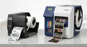 Side-by-side comparison of a Thermal printer (narrow, monochrome) and an Inkjet label printer (wide, full-color).