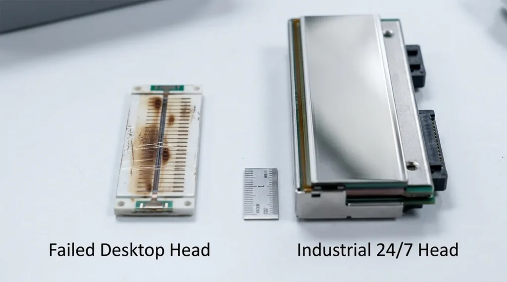 A split-screen showing a scratched, failed thermal printhead from a desktop printer compared to a pristine, heavy-duty industrial printhead.