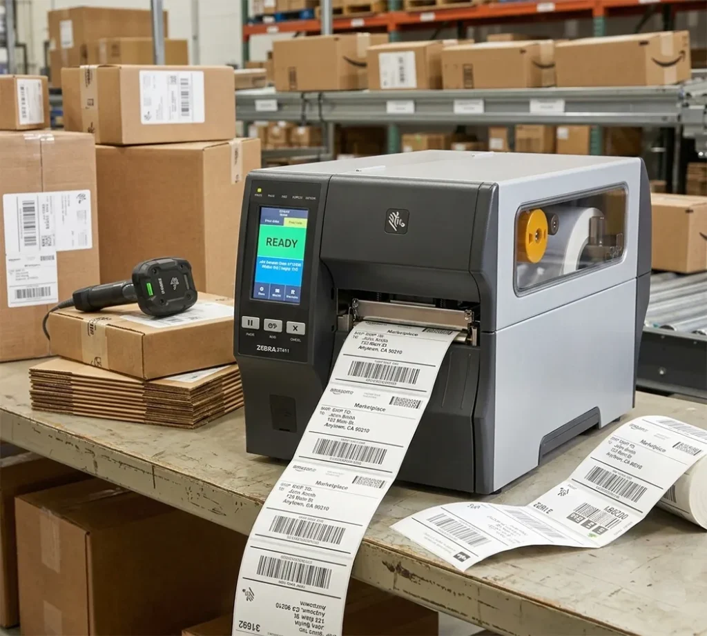 A Zebra ZT411 industrial printer sitting on a shipping dock station, printing 4x6 labels at high speed for a stack of outgoing boxes.