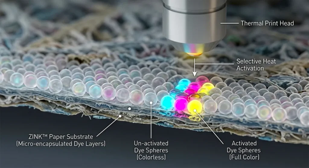A zoomed-in view of ZINK paper showing embedded Cyan, Magenta, and Yellow crystals.
