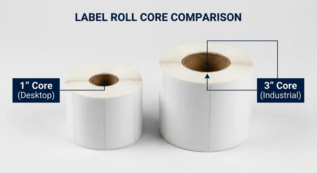 Comparison of 1-inch core desktop label rolls versus 3-inch core industrial label rolls.