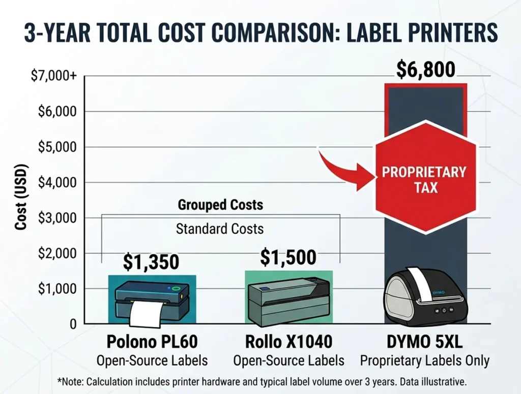 Find the Best 4x6 thermal label printer: A bar chart infographic showing the total three-year cost of ownership of the Rollo X1040, Polono PL60, and DYMO 5XL based on 10,000 labels per year.