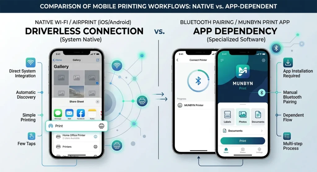 Two illustrations: one showing a smartphone printing natively via the native 'share' menu, and the other showing a smartphone inside a dedicated print app.
