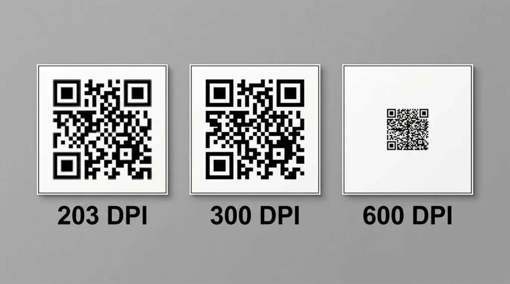 Comparison of QR code clarity at 203, 300, and 600 DPI on small labels.