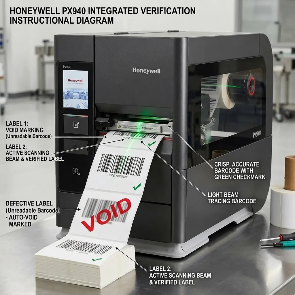 Honeywell PX940 printer marking a failed barcode as VOID and reprinting a compliant one.