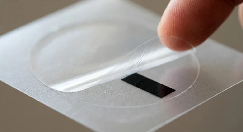 A clear thermal label being peeled away from its clear liner, revealing a solid black sensing stripe printed on the release paper.