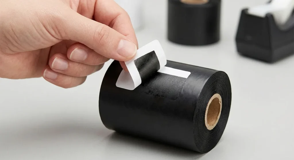 A person performing the adhesive label test to check thermal ribbon wind direction.