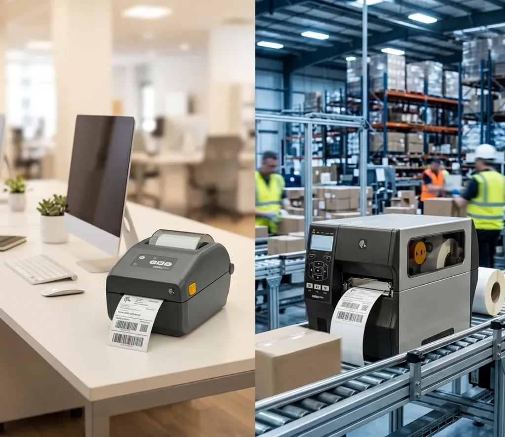 Desktop barcode printer in a retail office vs an industrial printer in a high-volume warehouse.