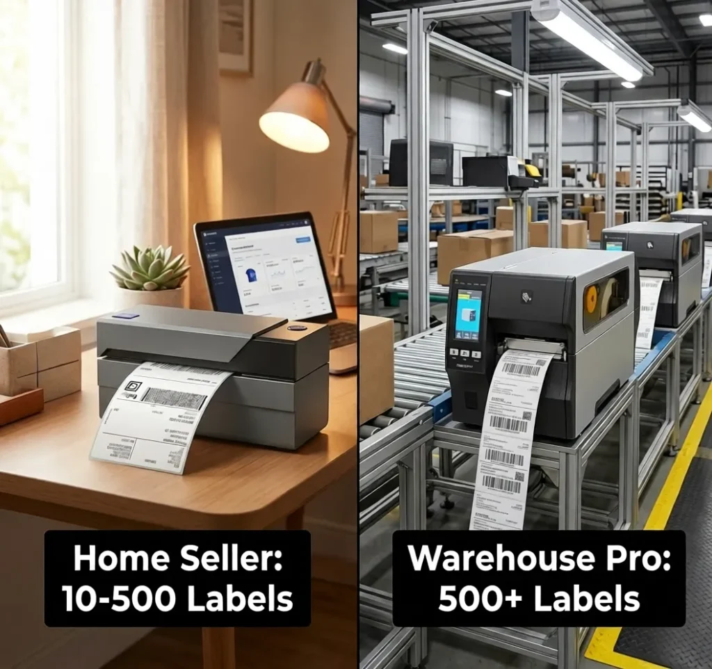 Comparison of home office desktop printer vs industrial warehouse printer scaling.