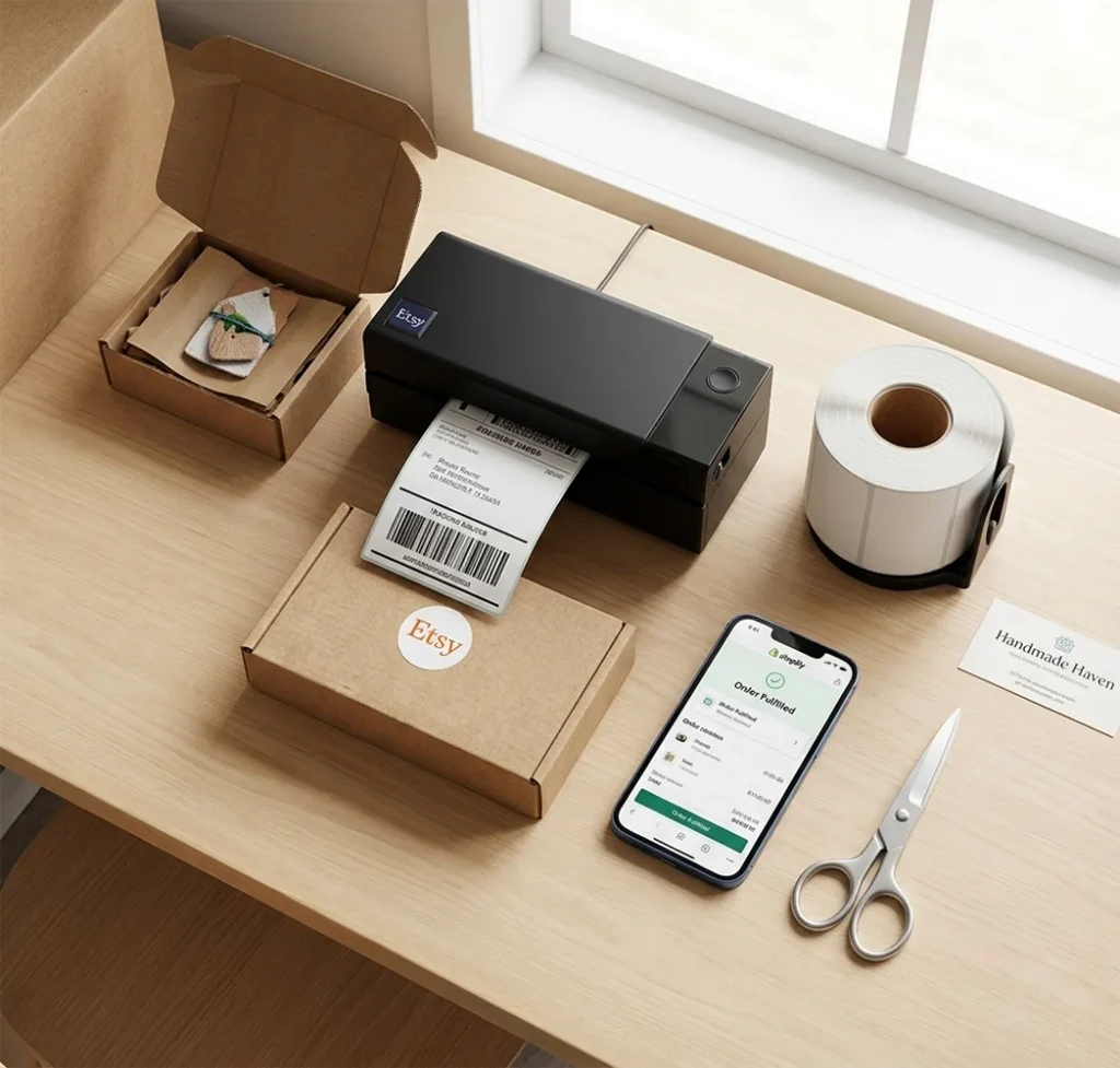 A clean, organized home office shipping station with a Rollo X1040 wireless printer.