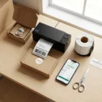 A clean, organized home office shipping station with a Rollo X1040 wireless printer.