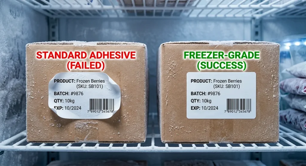 Comparison of standard label adhesive failing versus freezer-grade adhesive succeeding in cold storage.