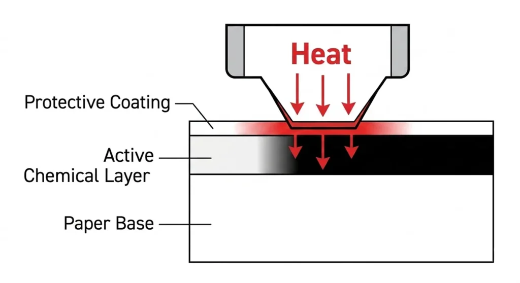 Cross-section diagram of thermal paper showing heat-activated chemical coating.