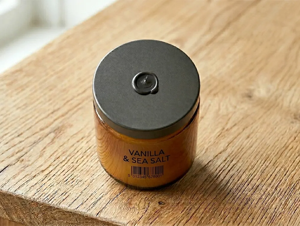 An overhead flat-lay shot of a handmade vanilla-scented candle in a amber glass jar with a clear thermal label applied, showing the no-label look.