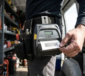 Portable barcode printer in use by a technician in a field service environment.