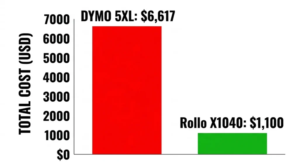 Infographic comparing 3-year total cost of ownership between proprietary and open-format thermal printers.