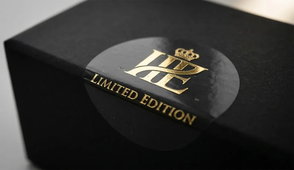 A close-up of a premium gift box sealing label made of gold metallic resin ribbon printed on clear PET stock, showing the gold transparent effect.