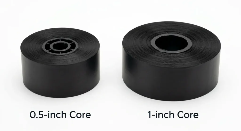 Comparison of 0.5-inch desktop ribbon core and 1-inch industrial ribbon core.
